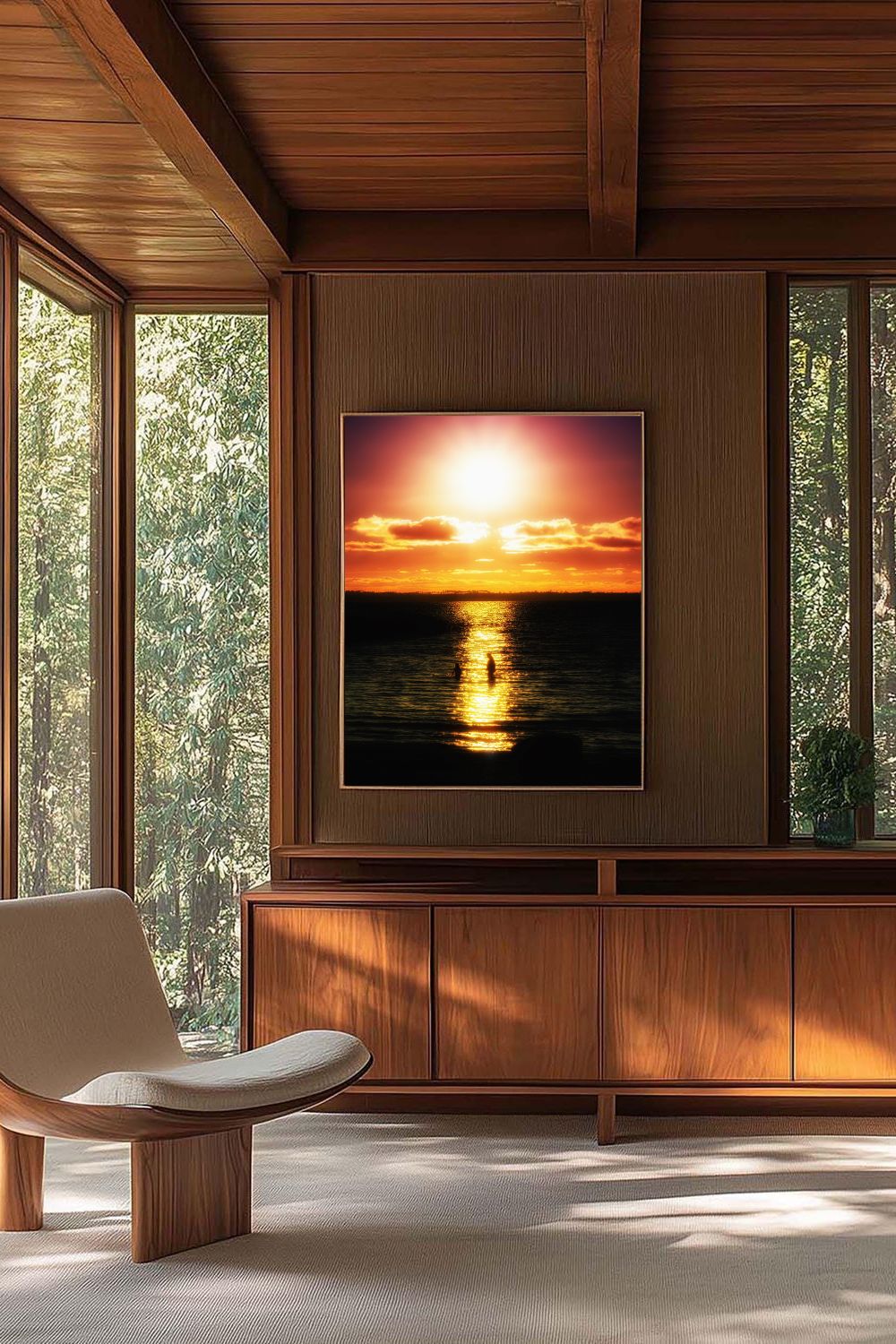 Tirage photo fine art coucher de soleil au lac de Sanguinet avec deux silhouettes dans l’eau et reflets doré