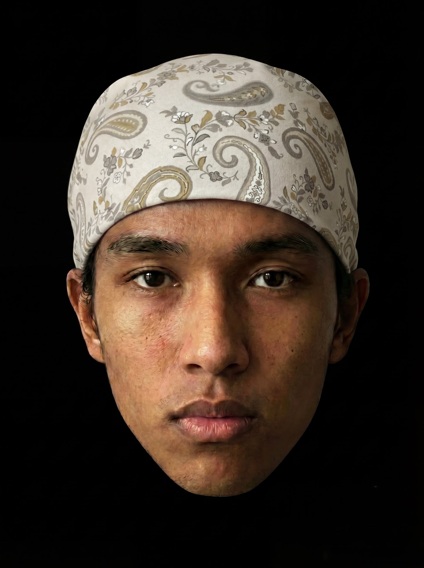 Bandana blanc et gris en coton provençal, photographie produit SouldlroW sur fond noir.