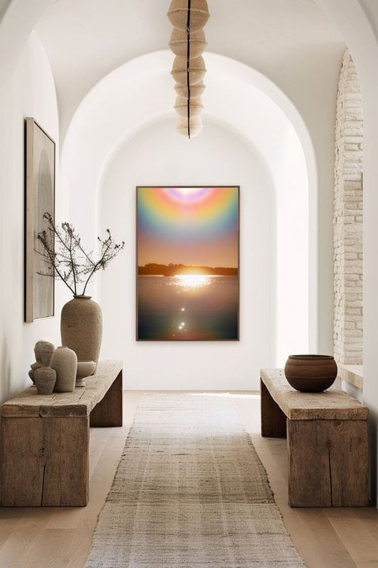 Photographie fine art “Heaven’s Gate” de Maxime Guengant, présentée encadrée dans un intérieur minimaliste en bois et tons naturels. Une œuvre lumineuse mettant en scène un halo irisé au-dessus d’un lac au coucher du soleil.