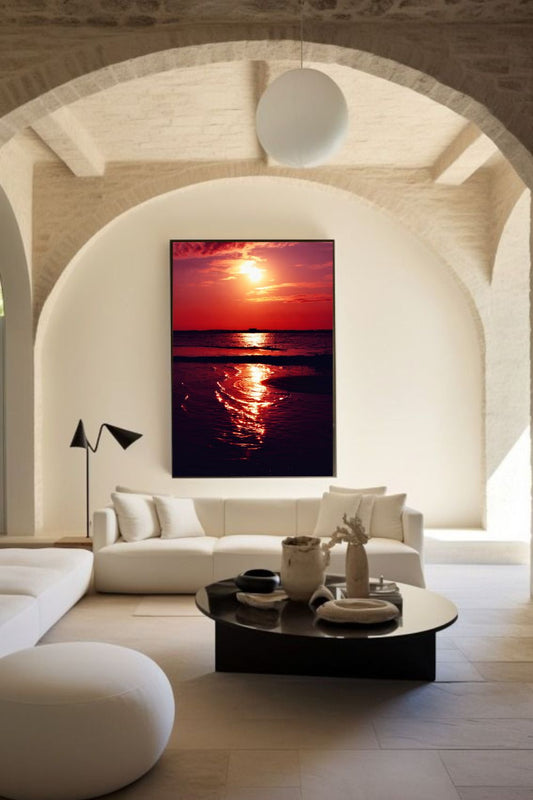 Tirage photo fine art coucher de soleil rouge au lac de Sanguinet avec reflets sur l'eau et cabane sur pilotis en silhouette