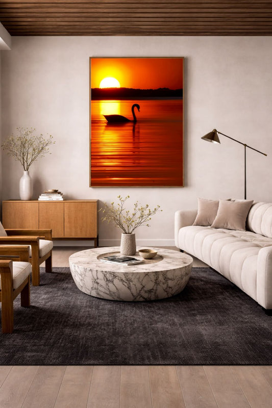 Photographie d'un cygne au coucher de soleil, encadrée dans un salon contemporain