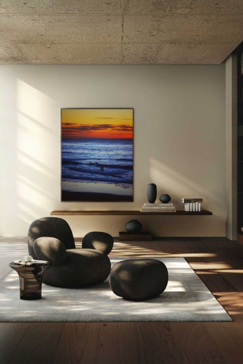 Tirage photo fine art coucher de soleil à Biscarrosse Plage avec surfeur et reflets colorés sur l’eau