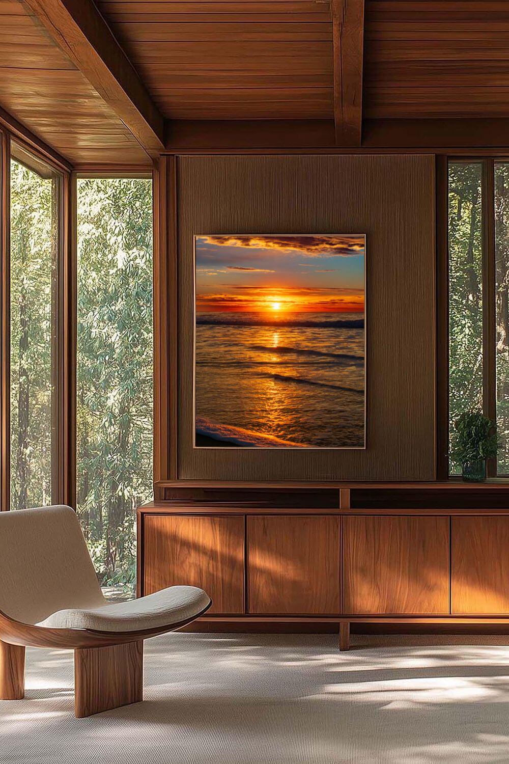 Tirage photo fine art coucher de soleil sur l’océan avec reflets dorés et ciel nuageux