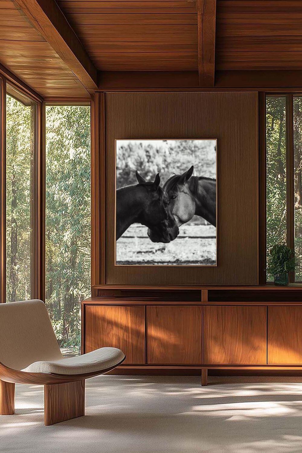 Tirage photo fine art noir et blanc de deux chevaux en symétrie, têtes rapprochée