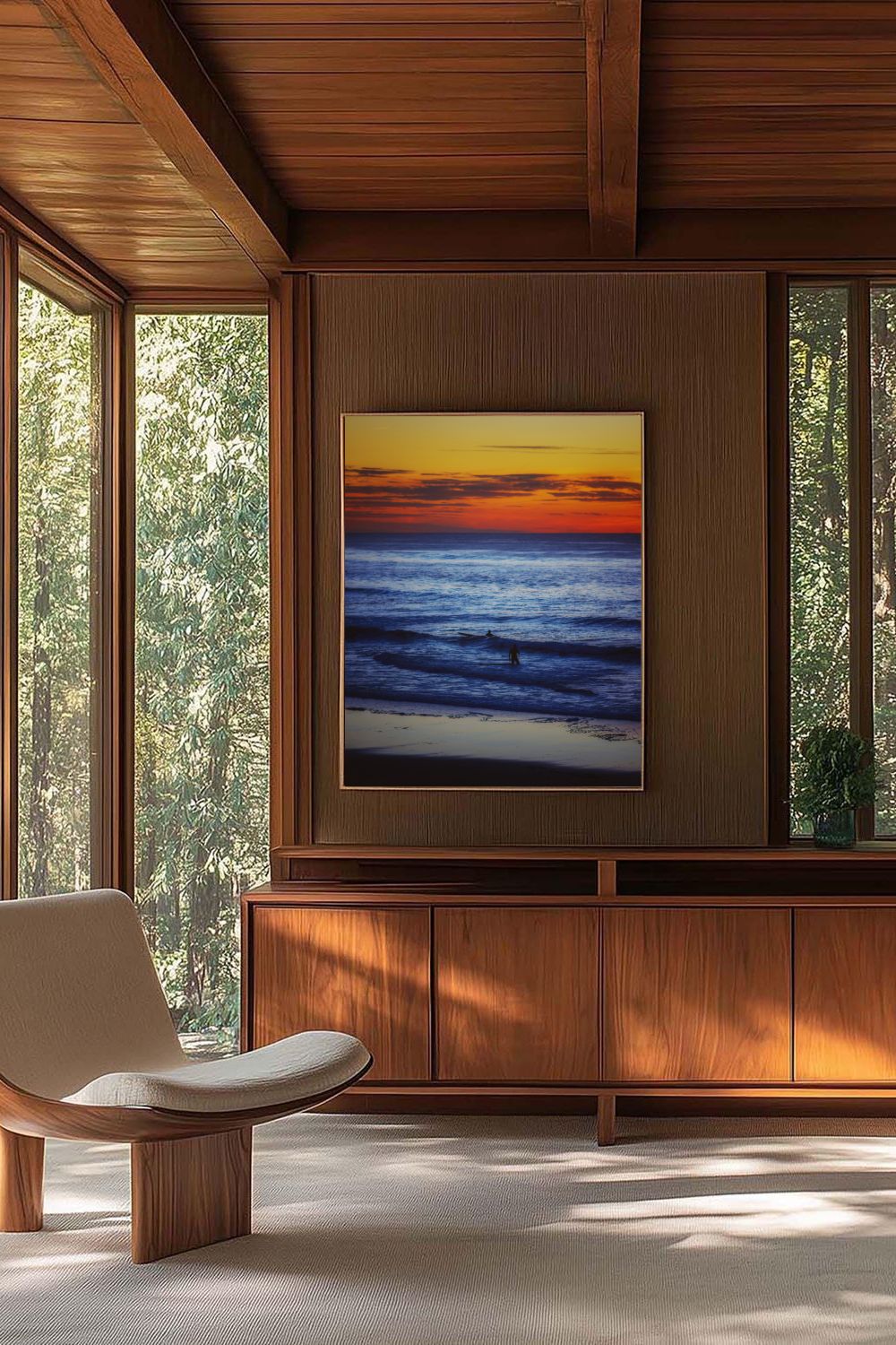 Tirage photo fine art coucher de soleil à Biscarrosse Plage avec surfeur et reflets colorés sur l’eau