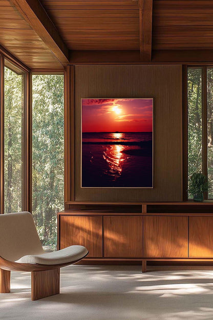 Tirage photo fine art coucher de soleil rouge au lac de Sanguinet avec reflets sur l'eau et cabane sur pilotis en silhouette