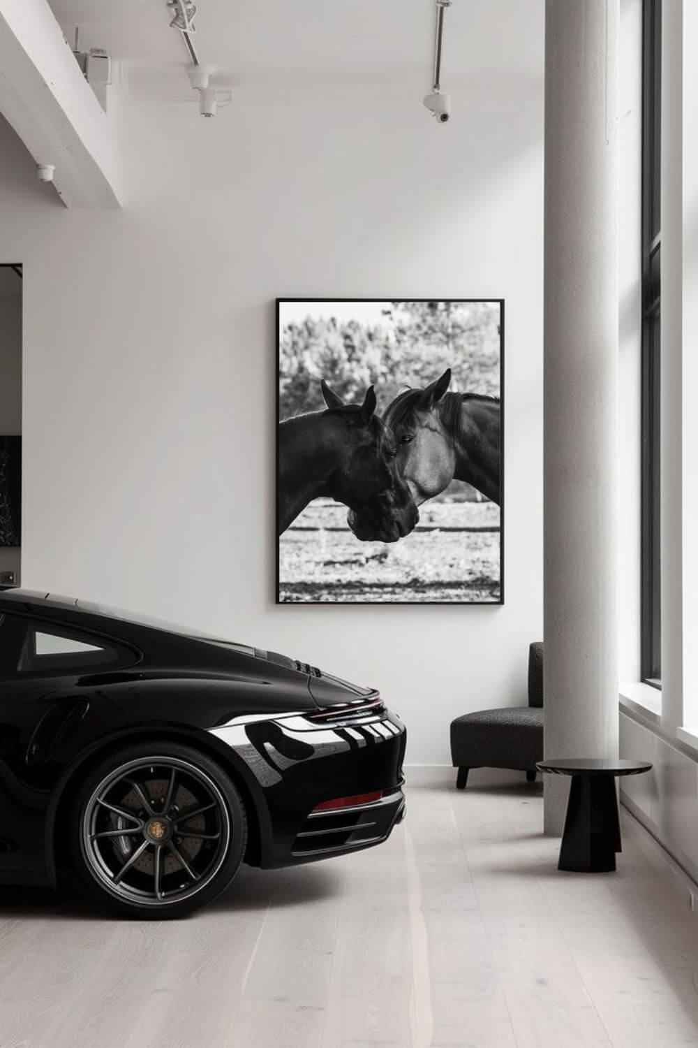 Tirage photo fine art noir et blanc de deux chevaux en symétrie, têtes rapprochée