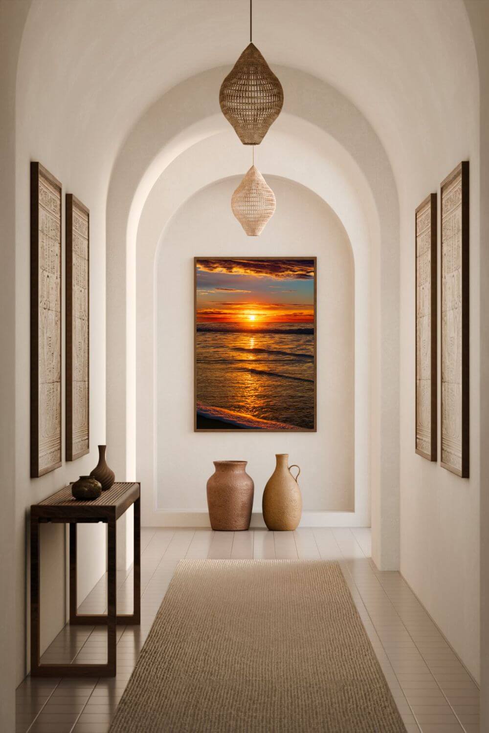 Tirage photo fine art coucher de soleil sur l’océan avec reflets dorés et ciel nuageux