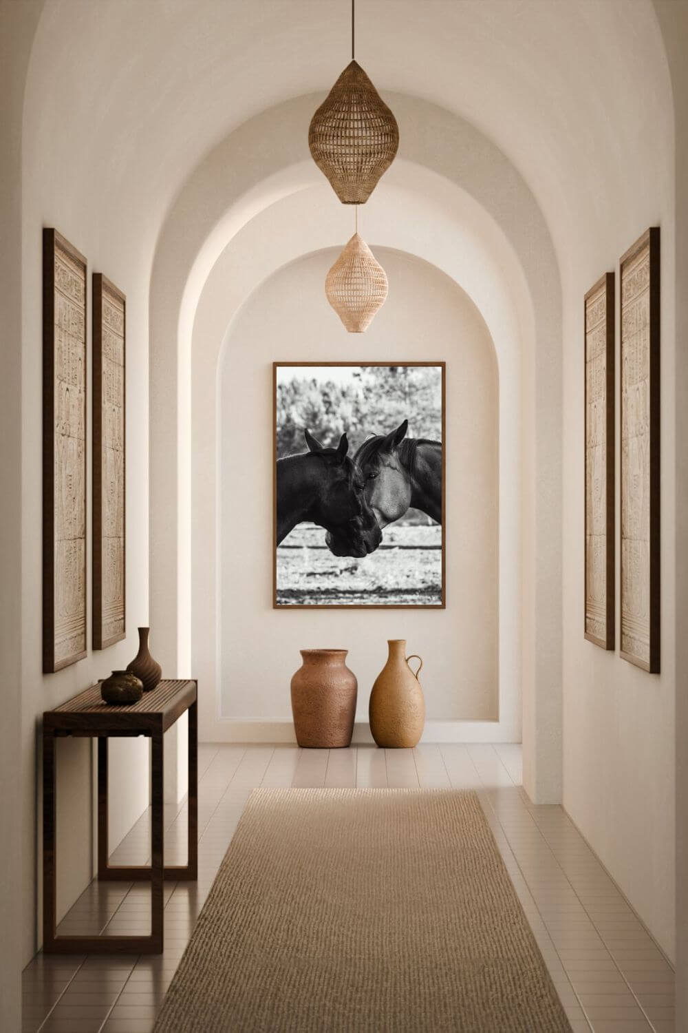 Tirage photo fine art noir et blanc de deux chevaux en symétrie, têtes rapprochée