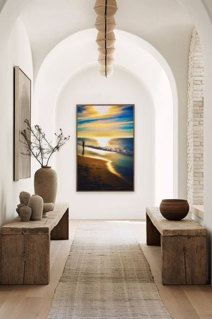 Tirage photo fine art coucher de soleil à Biscarrosse Plage avec silhouette d’enfant sur sable humide