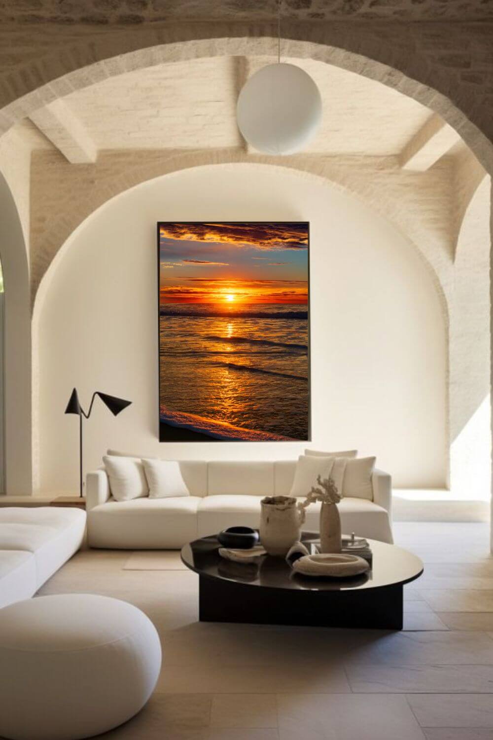 Tirage photo fine art coucher de soleil sur l’océan avec reflets dorés et ciel nuageux