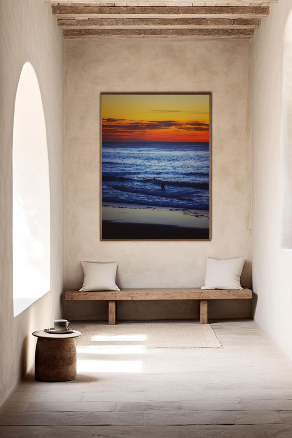 Tirage photo fine art coucher de soleil à Biscarrosse Plage avec surfeur et reflets colorés sur l’eau