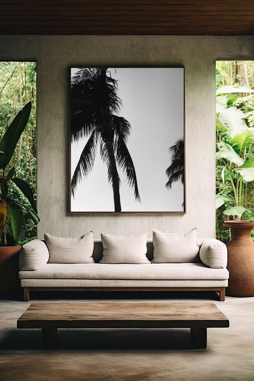 Tirage photo fine art noir et blanc de palmiers en silhouette sur ciel dégradé