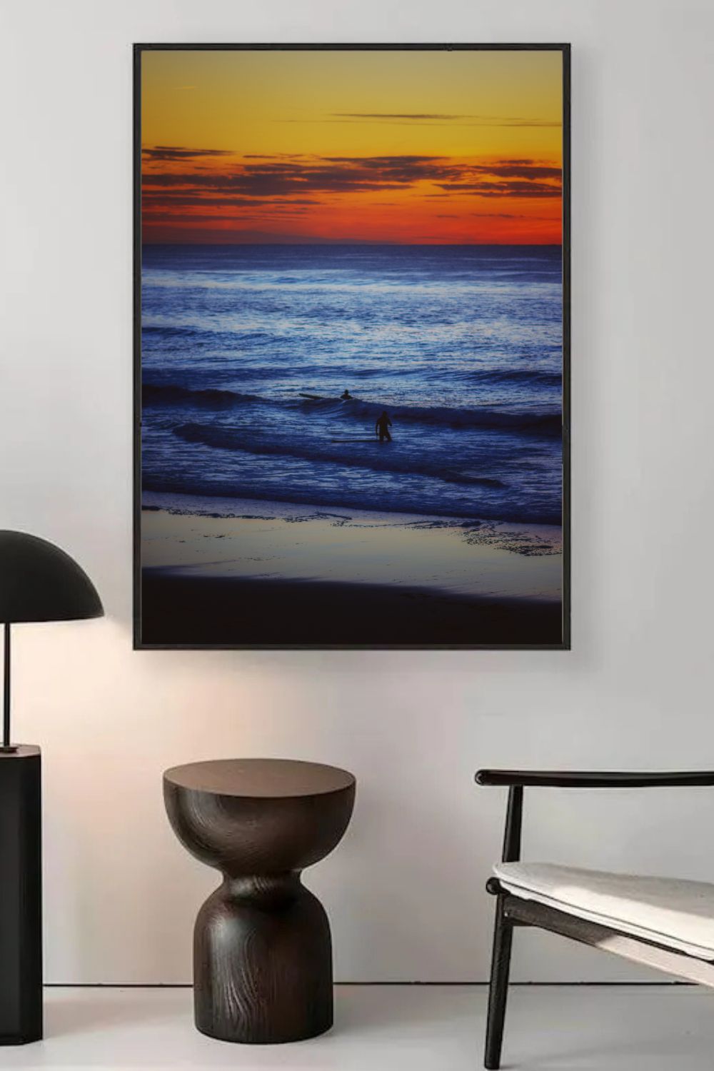 Tirage photo fine art coucher de soleil à Biscarrosse Plage avec surfeur et reflets colorés sur l’eau