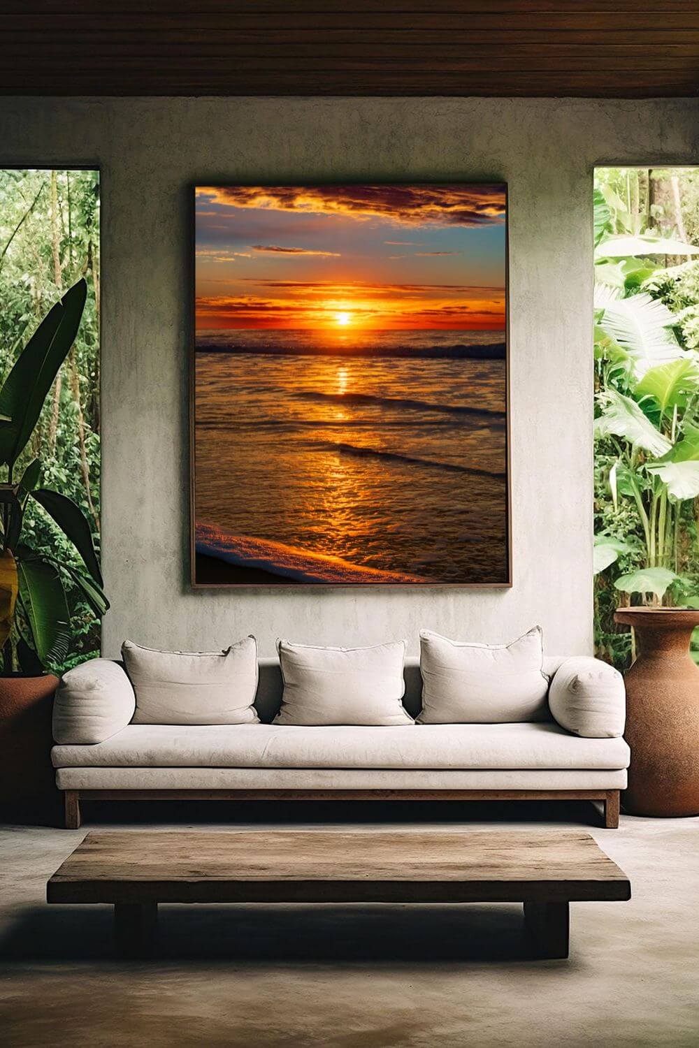 Tirage photo fine art coucher de soleil sur l’océan avec reflets dorés et ciel nuageux