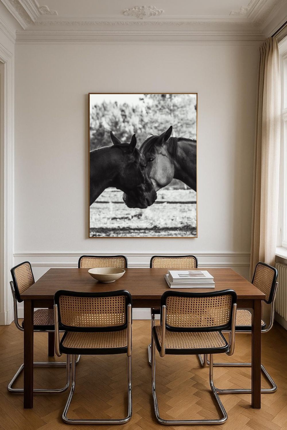 Tirage photo fine art noir et blanc de deux chevaux en symétrie, têtes rapprochée