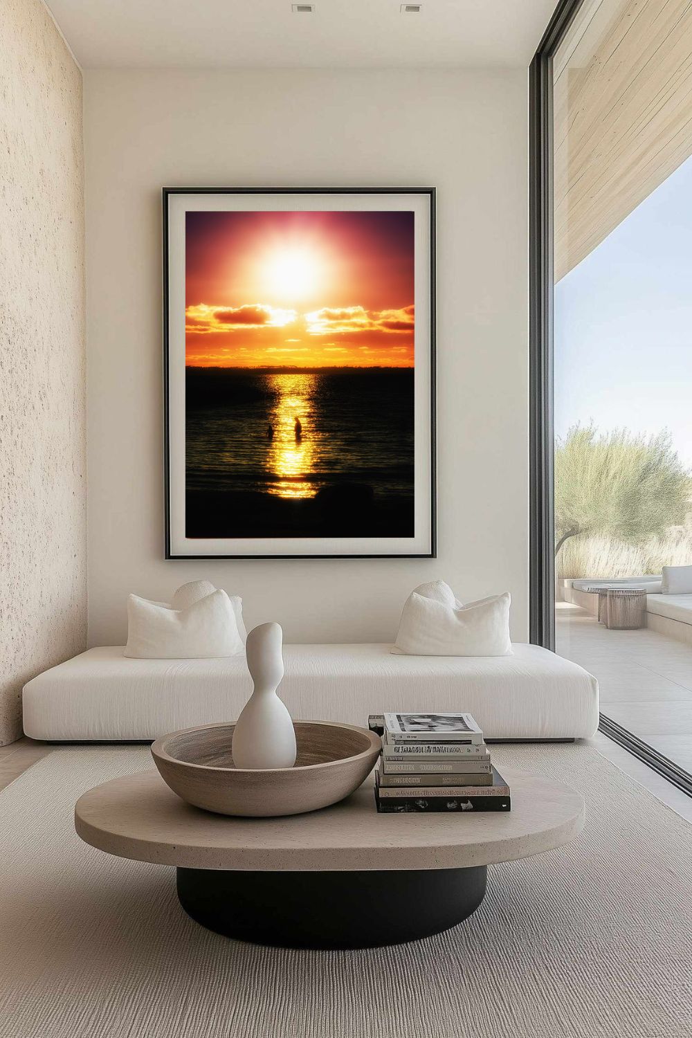 Tirage photo fine art coucher de soleil au lac de Sanguinet avec deux silhouettes dans l’eau et reflets doré