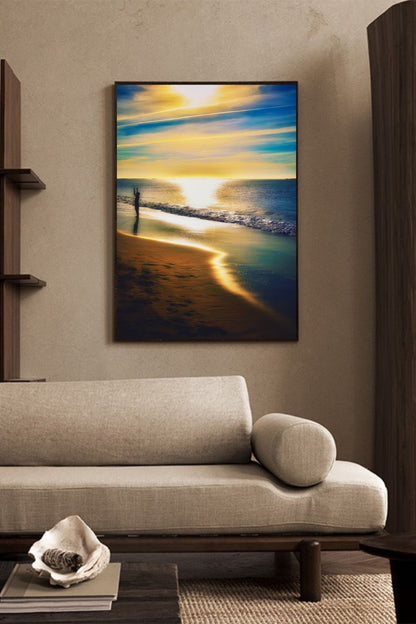 Tirage photo fine art coucher de soleil à Biscarrosse Plage avec silhouette d’enfant sur sable humide