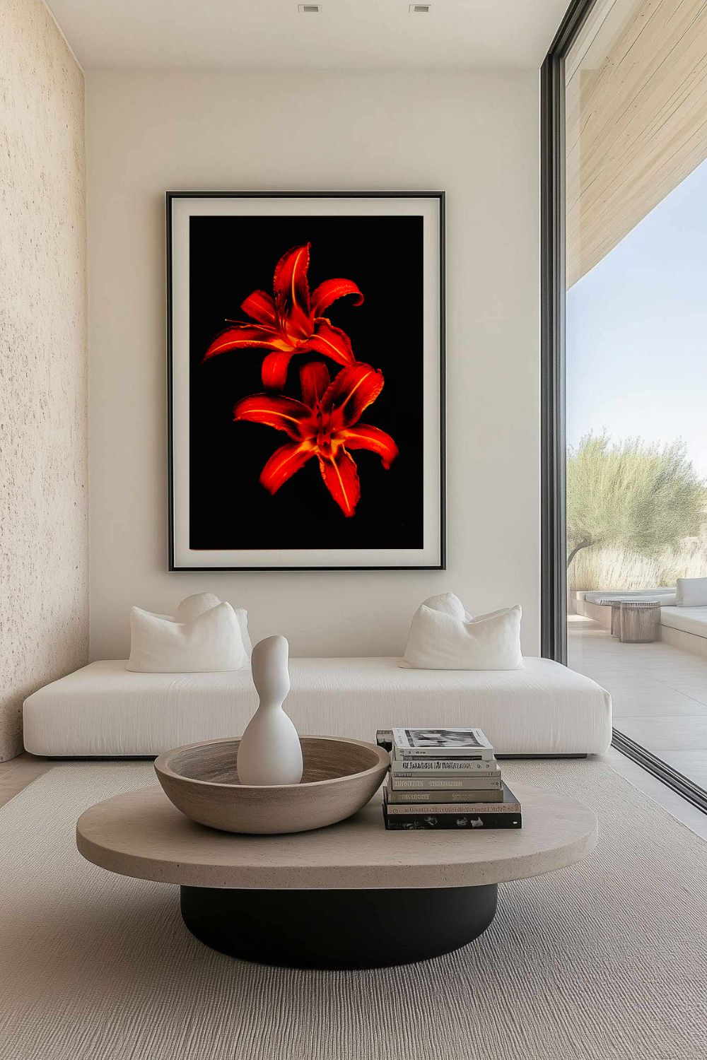 Tirage photo fine art de deux lys rouges sur fond noir, contraste floral intense 