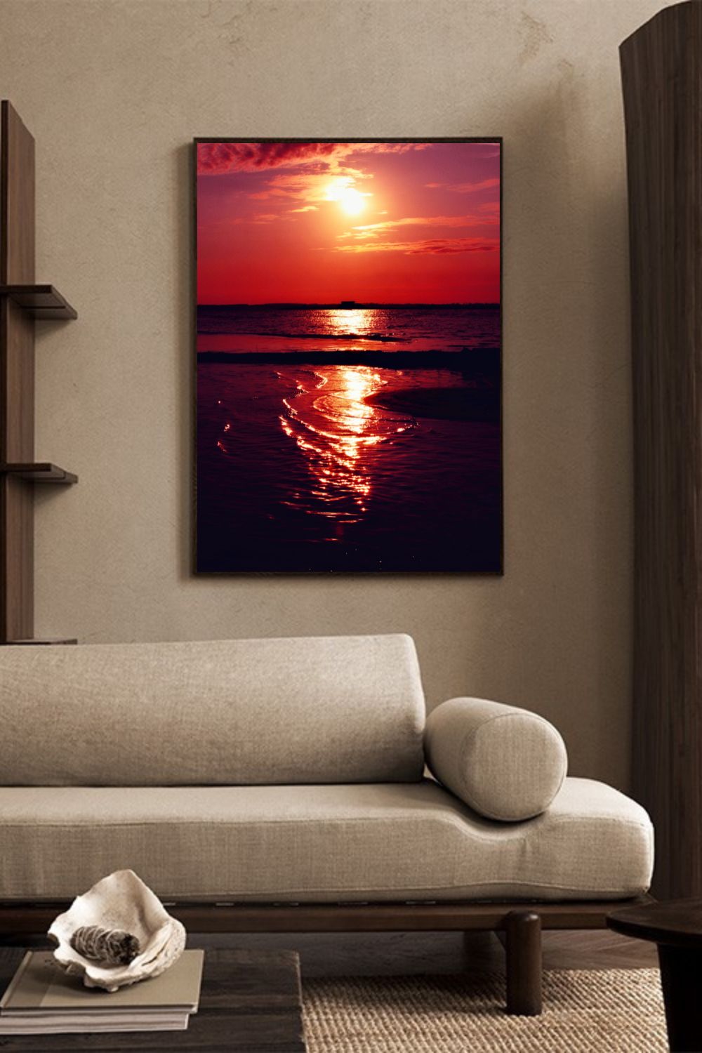 Tirage photo fine art coucher de soleil rouge au lac de Sanguinet avec reflets sur l'eau et cabane sur pilotis en silhouette