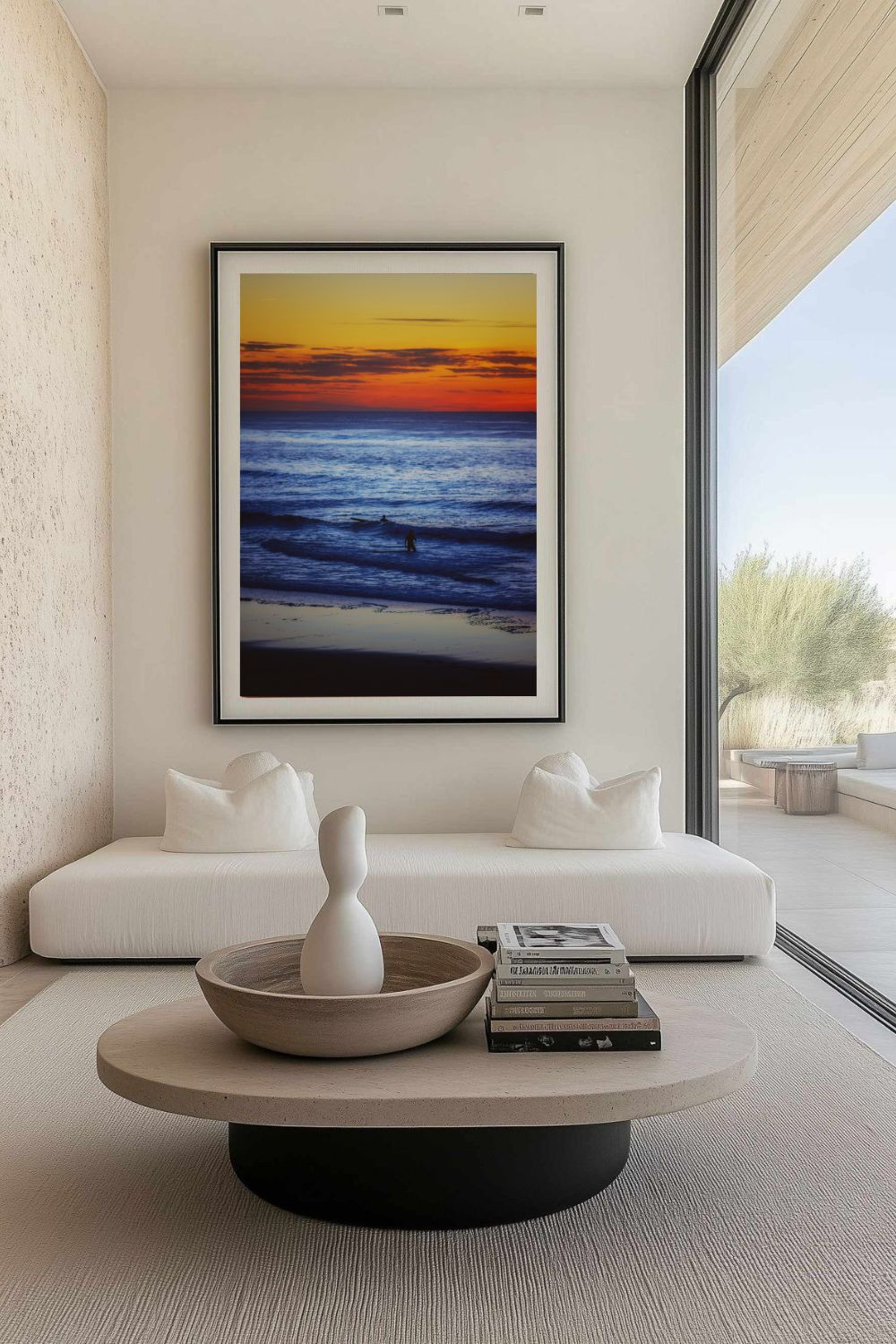 Tirage photo fine art coucher de soleil à Biscarrosse Plage avec surfeur et reflets colorés sur l’eau