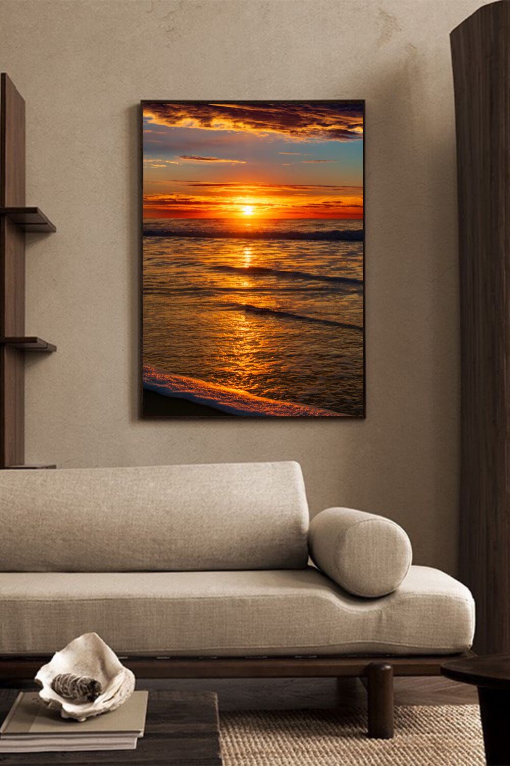 Tirage photo fine art coucher de soleil sur l’océan avec reflets dorés et ciel nuageux