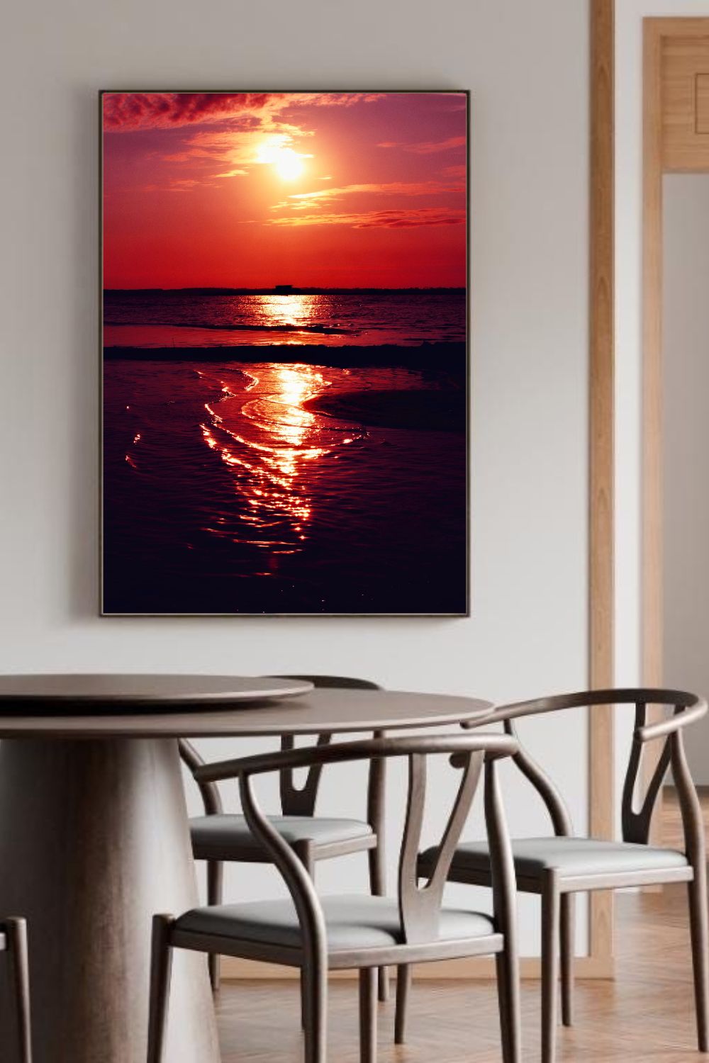 Tirage photo fine art coucher de soleil rouge au lac de Sanguinet avec reflets sur l'eau et cabane sur pilotis en silhouette