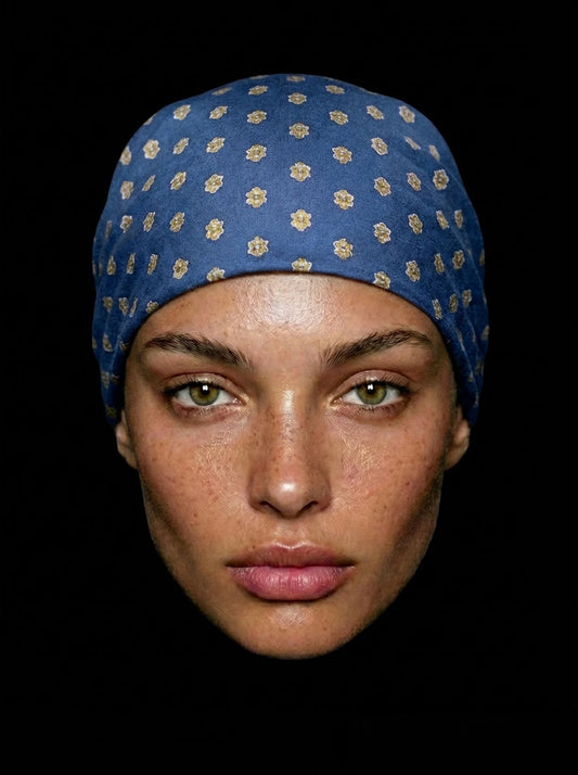 Bandana bleu motif médaillon géométrique provençal coton Valdrôme made in France accessoire classique