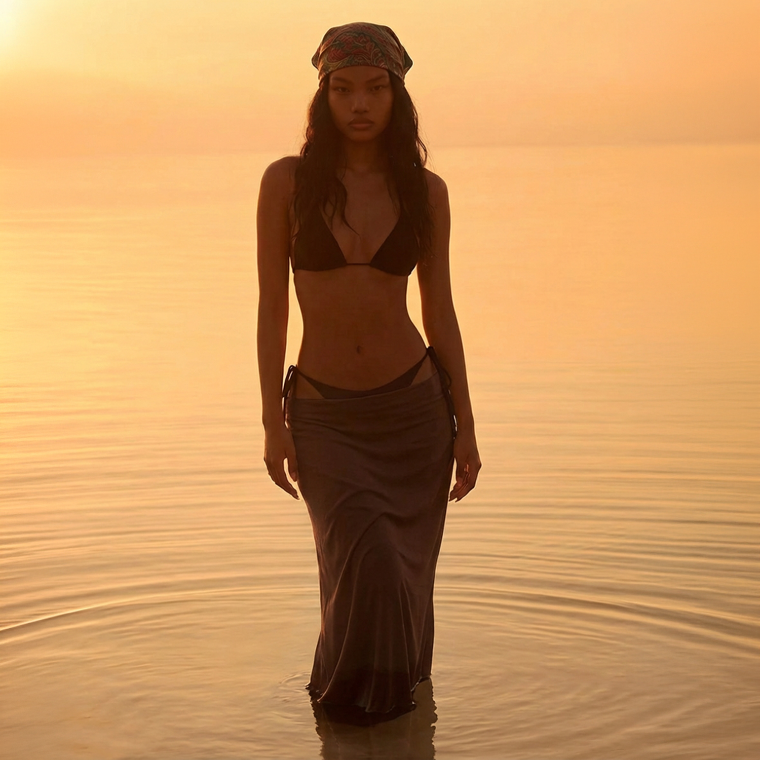 Woman wearing a Valdrome cotton bandana, sunset lifestyle photo in water, SouldlroW brand.