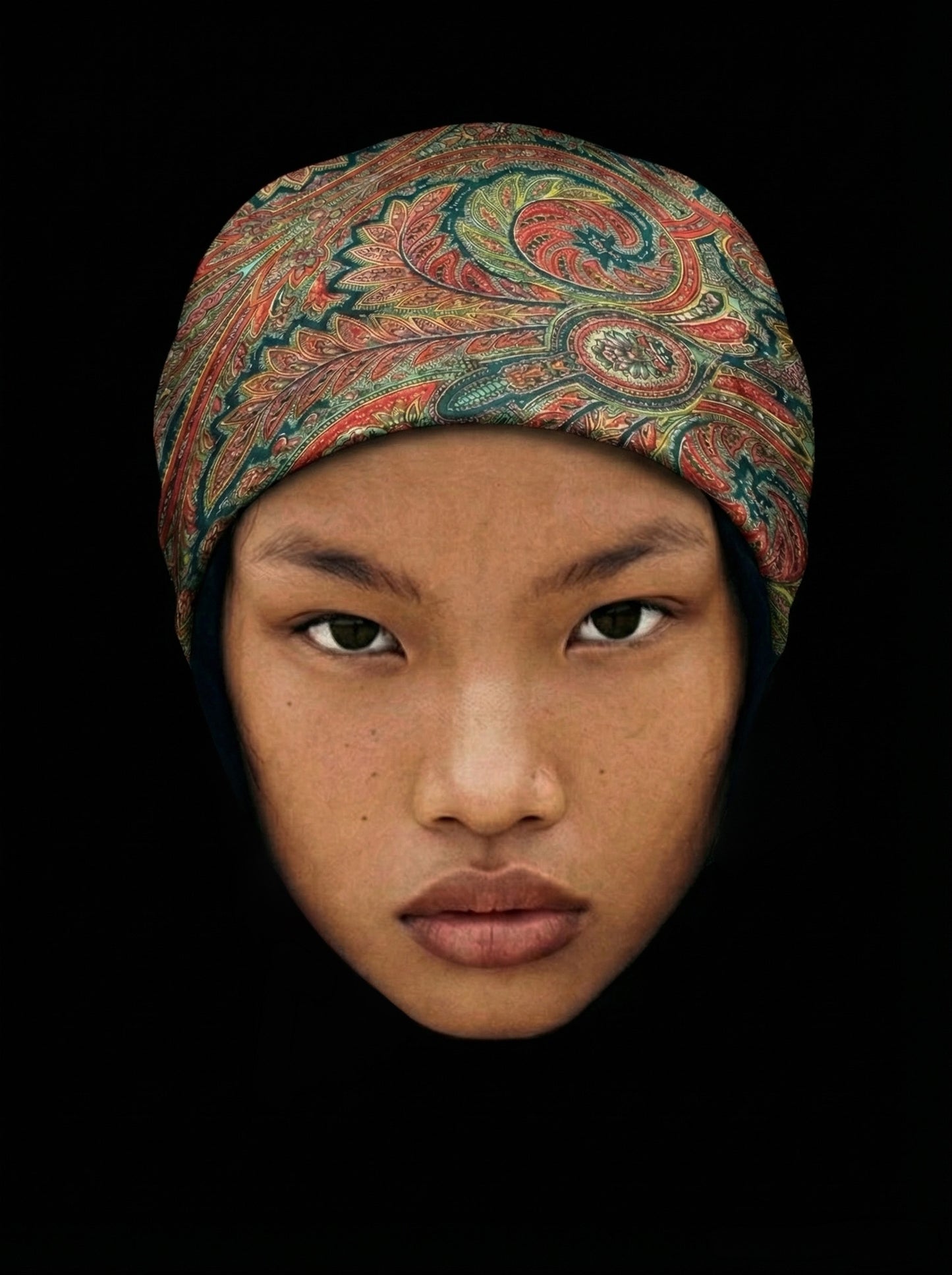 Portrait d’une femme portant un bandana Héritage motif traditionnel sur fond noir.