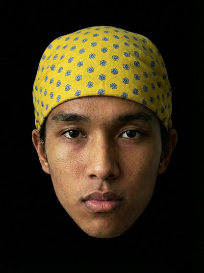 Bandana jaune motif médaillon géométrique coton Valdrôme made in France accessoire lumineux