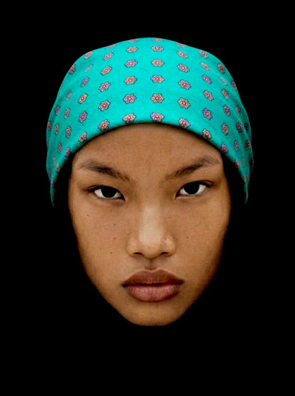 Bandana turquoise motif médaillon géométrique coton Valdrôme made in France accessoire tendance