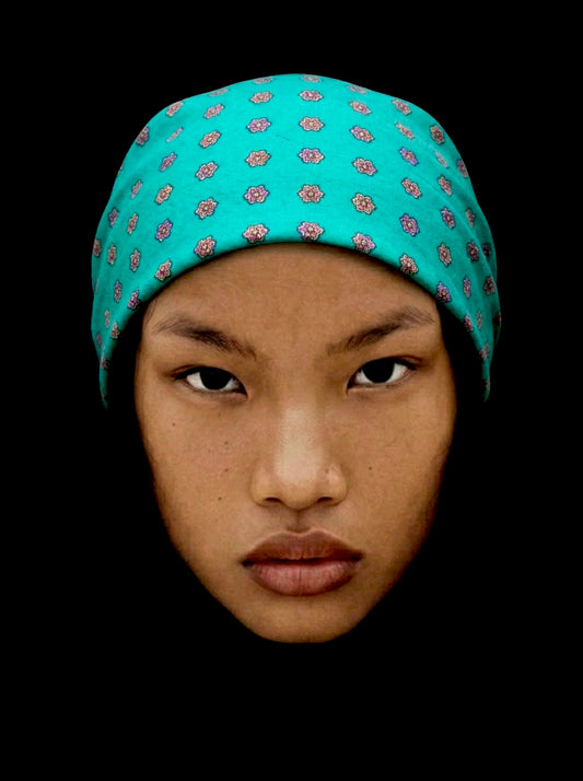 Bandana turquoise motif médaillon géométrique coton Valdrôme made in France accessoire tendance