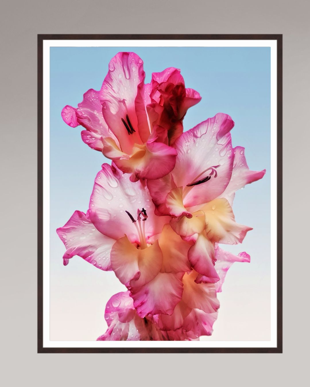 Photographie fine art encadrée Floral Dew, format 90×120 cm, composition florale poétique.