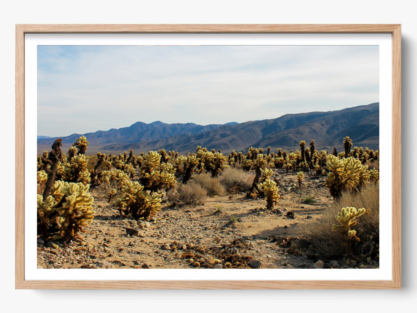 Photographie Fine Art de Joshua Tree encadrée dans un cadre en chêne, apportant une touche chaleureuse et naturelle parfaite pour un intérieur moderne et authentique.