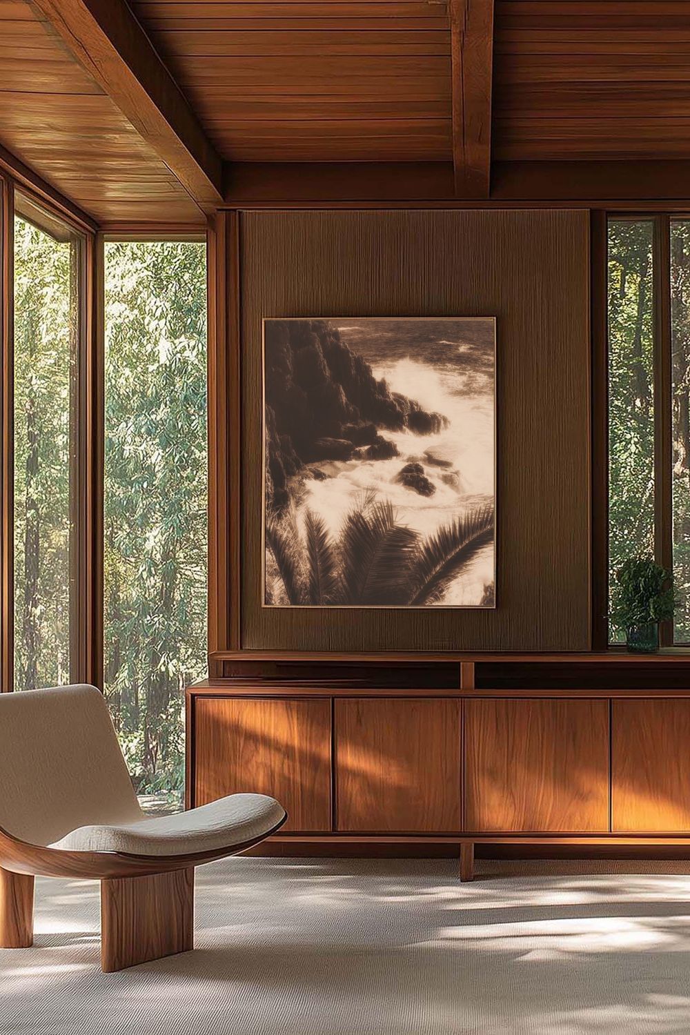 Œuvre Savage Riviera encadrée dans un intérieur mid‑century en bois avec grande baie vitrée.
