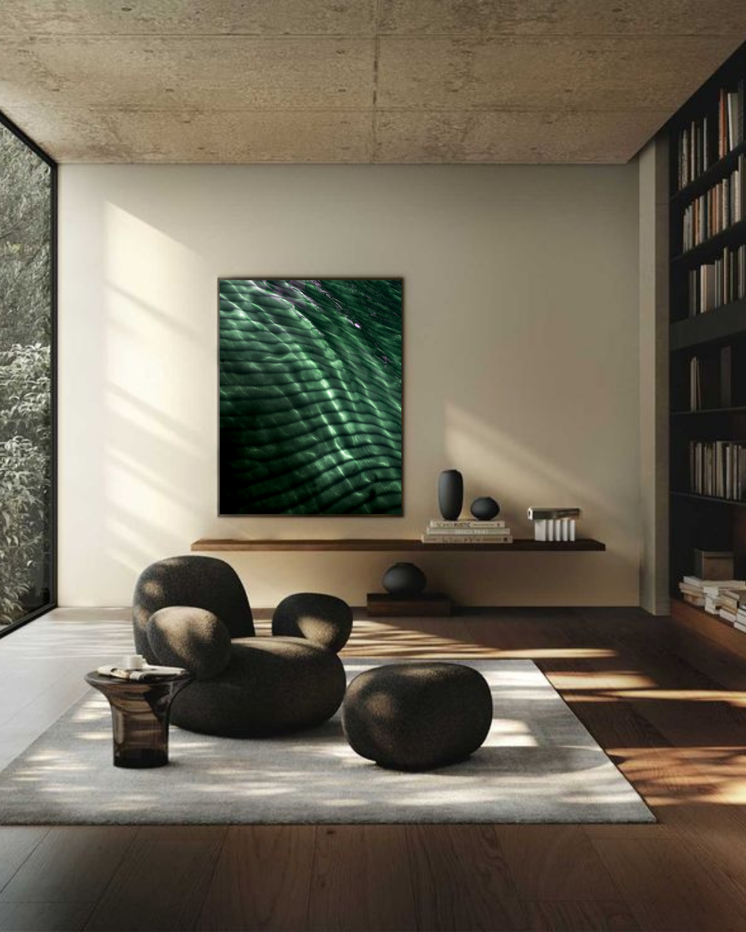 Photographie fine art “Emerald Drift” de Maxime Guengant présentée dans un salon moderne en béton, texture verte abstraite inspirée des mouvements naturels.