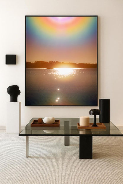 Tirage d’art “Heaven’s Gate” de Maxime Guengant accroché dans un intérieur contemporain avec table basse et sculptures, montrant un halo irisé au-dessus d’un lac au coucher du soleil.