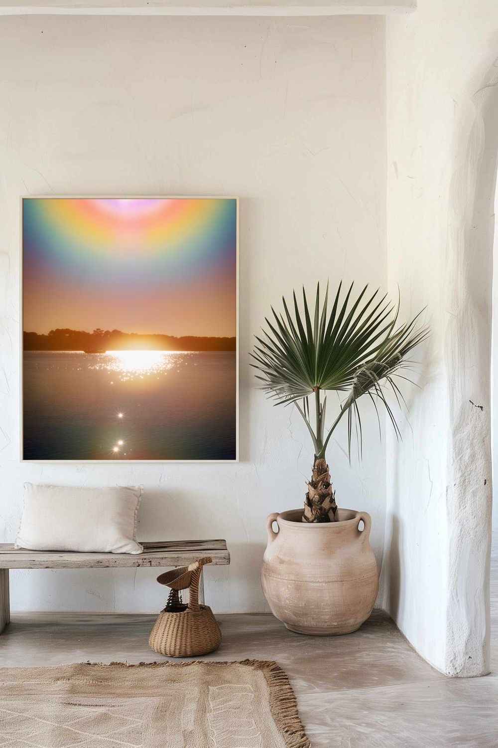 Tirage d’art “Heaven’s Gate” de Maxime Guengant accroché dans un intérieur minimaliste en bois et tons naturels, mettant en scène un halo lumineux au-dessus d’un lac au coucher du soleil.