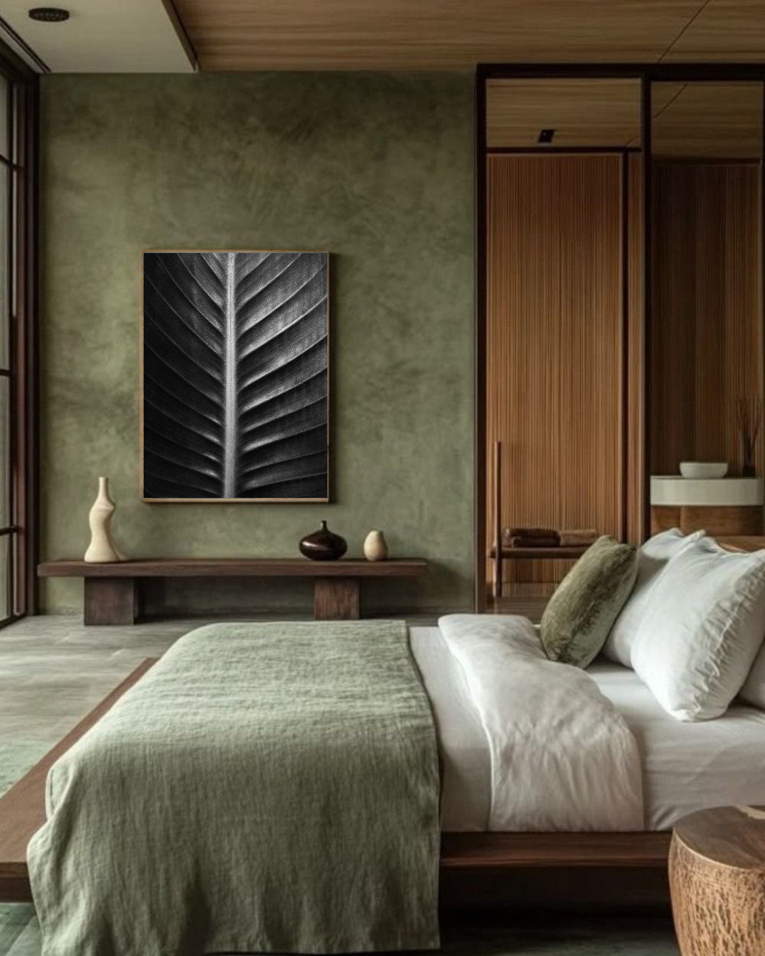 Photographie fine art “Sacred Art of Nature” de Maxime Guengant accrochée dans une chambre naturelle aux tons verts et bois, montrant une feuille en noir et blanc aux textures détaillées.