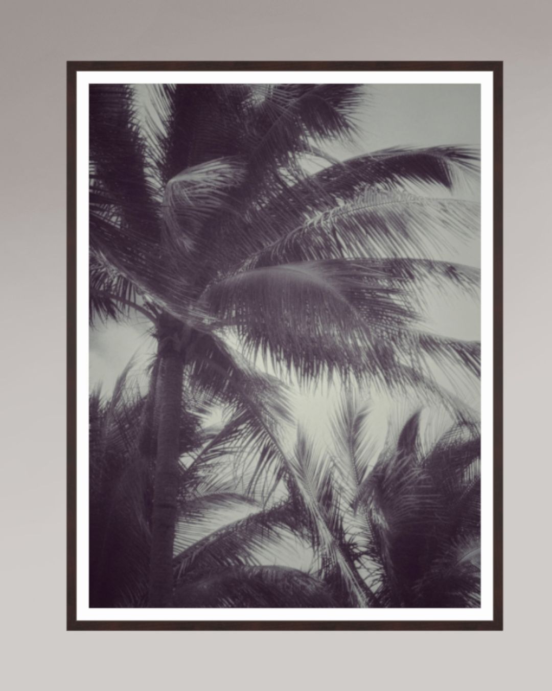 Tirage photo encadré Tropical Breath, format 80×120 cm, silhouettes de palmiers dans une lumière douce.